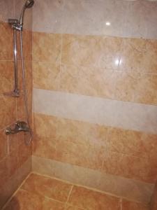 a bathroom with a shower with a tiled wall at Ambassador Inn in Islamabad