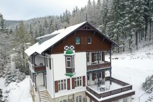 a house covered in snow with trees in the background at Villa Märchenland in Kurort Altenberg