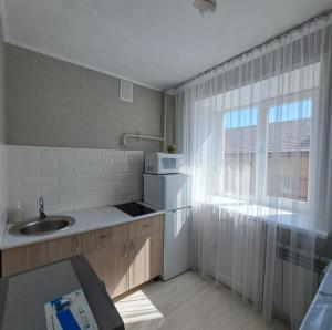 a small kitchen with a sink and a microwave at Aizhan Bekshenova in Lenīnogorsk