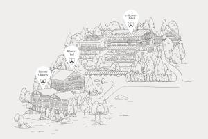 a black and white drawing of a village with houses at Landsitz Römerhof - Hotel Apartments in Kitzbühel +55 photos
