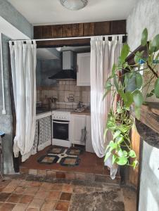 a kitchen with white curtains and a stove at Mine d'Ore Petit Gîte de la Chouette d'Or in Thoste
