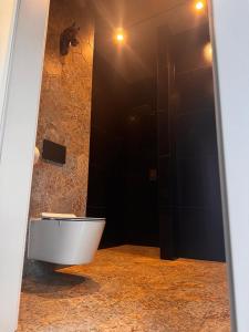 a bathroom with a toilet in a dark room at Penthouse in Nowy Sącz +16 photos