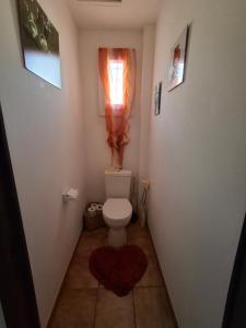 a bathroom with a toilet with a window and a rug at Chambre double avec balcon in Sérignan