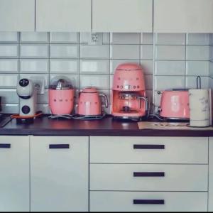 a kitchen with pink appliances on a counter at Fruške 202 studio apartman in Vrdnik