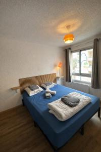 a bedroom with a bed with blue sheets and a window at Logis, appartement, 220 élégant et central in Paray-le-Monial