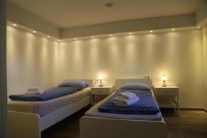 two beds in a room with two lights on them at Ferienhaus Kappeln in Rabenkirchen-Faulück