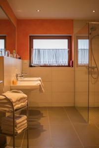 a bathroom with a sink and a shower at Panoramaferienwohnungen Stemler in Eulenbis