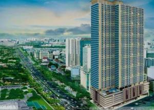 a city skyline with tall buildings and a street at Dreamy Sunset Bay in Manila