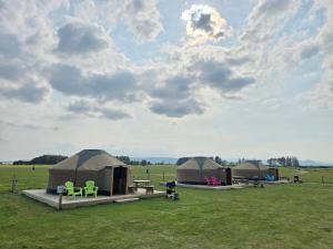 a group of three tents in a field at Rainbow's End Yurts in Dornoch