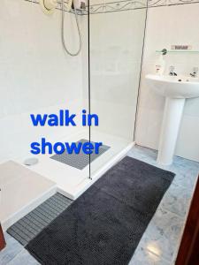 a bathroom with a walk in shower and a sink at Rockfield Manor B&B, Knock in Knock