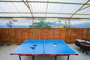 a blue ping pong table with a playground in the background at Tulips Resorts - Elkhill in Ooty +11 photos