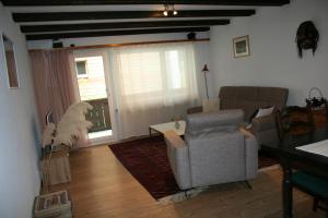 a living room with a couch and a dog looking out the window at Salü 5 in Saas-Fee