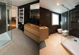 two pictures of a bathroom with a sink and a toilet at Boutique Hotel Magenta in Magenta