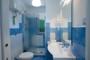 a blue and white bathroom with a toilet and a sink at Belvedere in Procida +199 photos
