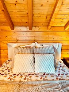 a bed with two pillows in a wooden room at La lisière romantique in Granges-Aumontzey +9 photos