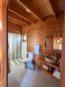 a wooden bathroom with a toilet and a shower at Sunset Eco Shelter 2 in Ponta do Pargo +11 photos