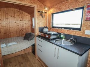 a bathroom with a sink and a bed with a window at Rhosgranog Shepherds Hut in Haverfordwest