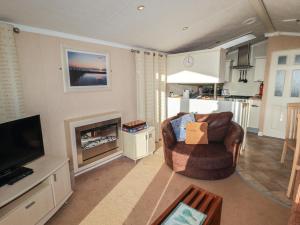 a living room with a couch and a fireplace at Rhosgranog Caravan in Haverfordwest
