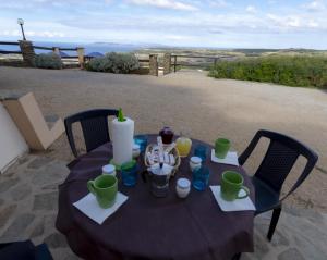 a table with a purple table cloth and green cups at Agriturismo Finagliosu in Palmadula