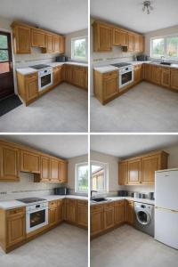 three different views of a kitchen with wooden cabinets at Tanglewood in West Ashton