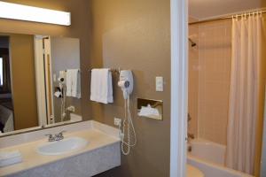 a bathroom with a sink and a shower and a mirror at Americas Best Value Inn Laredo in Laredo