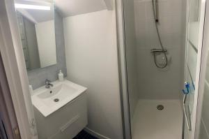 a white bathroom with a sink and a shower at Le Cocon du Hameau in Bidart +14 photos