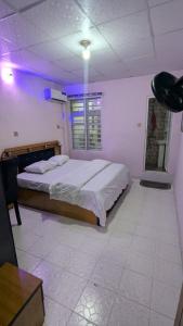 a bedroom with a large bed with purple lights at Lux 3bedroom apartment in Okunola