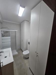 a bathroom with a toilet and a shower and a sink at Algarve Apartment Manta Rota in Vila Nova De Cacela