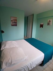a large bed in a room with blue walls at Centre de vacances Chausse in Chamborigaud