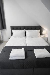 a black and white bed with two white towels on it at Wonderful Dream Apartament z widokiem na Śnieżkę in Karpacz