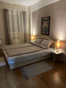 a bedroom with a bed with two lamps on it at Central Apartments in Zaječar
