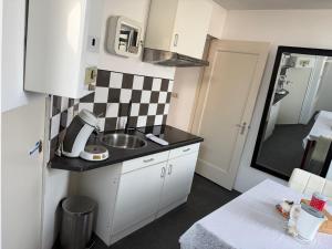 a small kitchen with a sink and a checkered wall at Rustige, zelfstandige studio- uitsluitend 1 persoon in Dedemsvaart