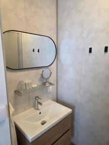 a bathroom with a sink and a mirror at Center Appartement Apeldoorn in Apeldoorn +17 photos