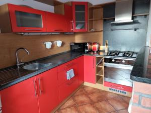 a kitchen with red cabinets and a sink at Rooftop Apartment in Šamorín