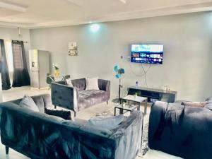a living room with couches and a flat screen tv at wamis Fully serviced apartments in Solwezi