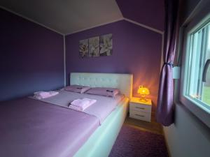 a purple bedroom with two beds and a lamp at Vila Jotic, Zavojsko jezero in Pirot