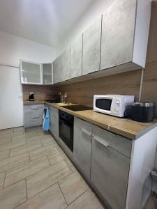 a kitchen with a counter top with a microwave at Le studio de Jazzy in Fécamp +3 photos