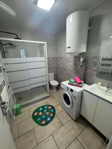 a bathroom with a washing machine and a sink at Le studio de Jazzy in Fécamp