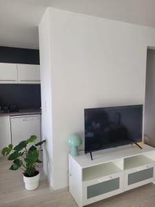 a living room with a flat screen tv on a white cabinet at Charmant appartement et jardin in Saint-Ismier