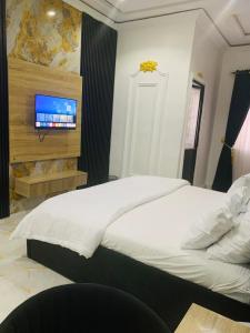 ein Schlafzimmer mit einem Bett und einem Fernseher an der Wand in der Unterkunft ZAPHOMEs in Asaba
