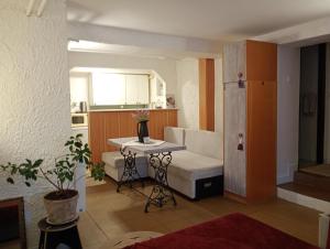 a living room with a couch and a table at Pearl of Danube in Chlʼaba