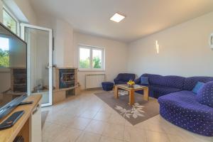 a living room with a blue couch and a table at Villa Green Oasis in Lovreć +26 photos