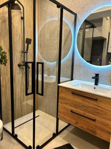 a bathroom with a sink and a shower with a mirror at Apartament 42 in Sosnowiec +37 photos