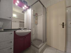 a bathroom with a sink and a shower at Panorama 20, Grosses Studio, Nahe Ski-Pisten, Parkplatz in Leukerbad +26 photos