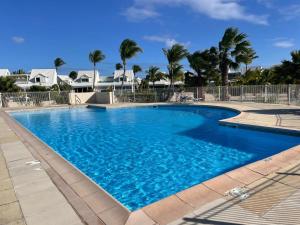 a large blue swimming pool with palm trees in the background at Tropical moon in Saint Martin