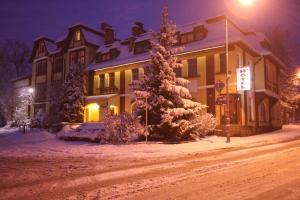 a house with a snow covered tree in front of it at Hotel Karkonosze in Kamienna Góra
