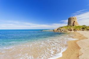 a view of a beach with a castle in the background at Skyline Terrace in Loceri