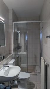 a bathroom with a shower and a toilet and a sink at Pension Sonne in Baden-Baden