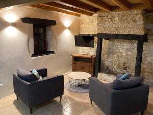 a living room with two chairs and a stone fireplace at La maisonnette de la venelle in Chaunay