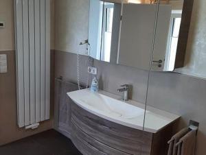 a bathroom with a sink and a mirror at Ferienwohnung Schabmüller in Kelheim